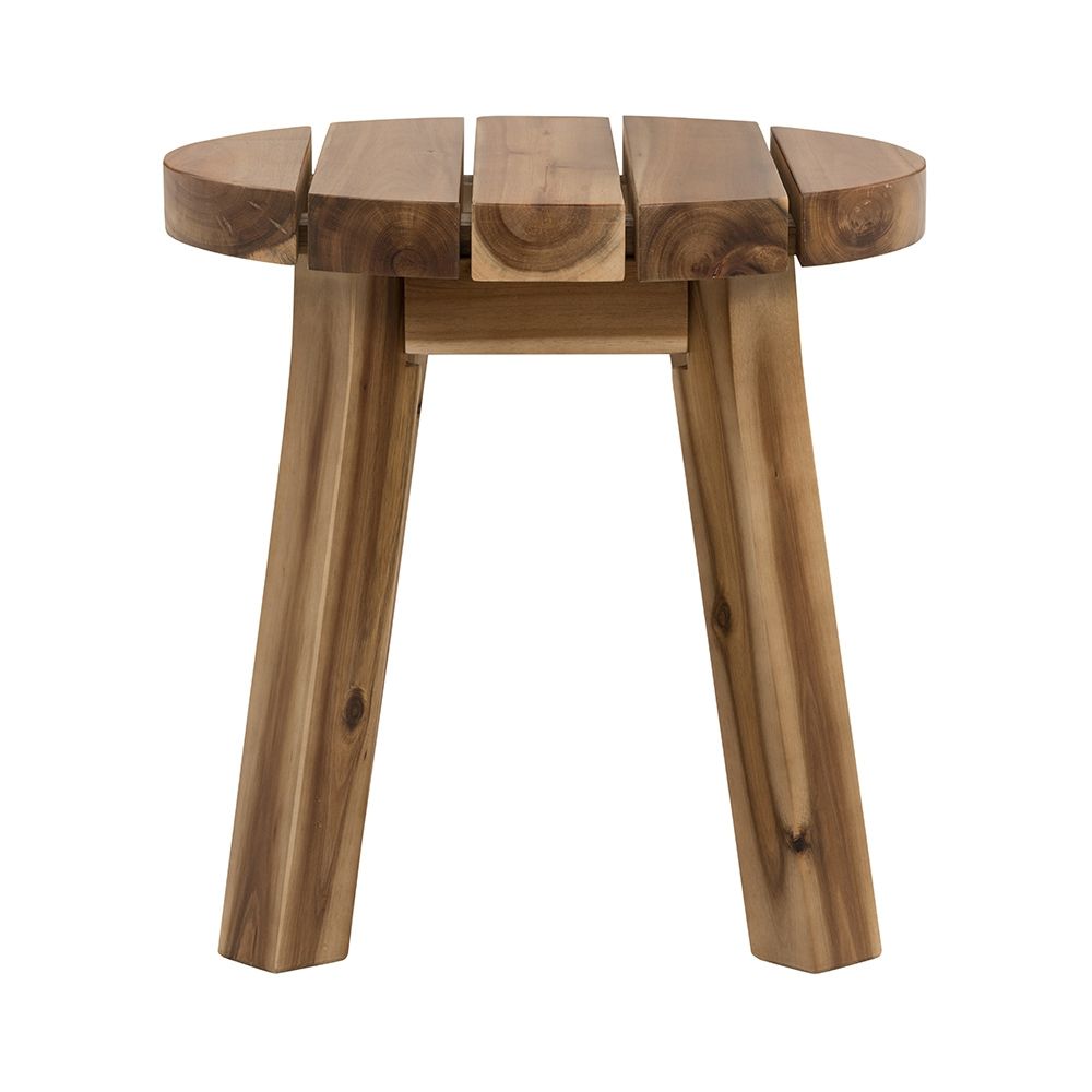 Round acacia wood side table in light brown, side view