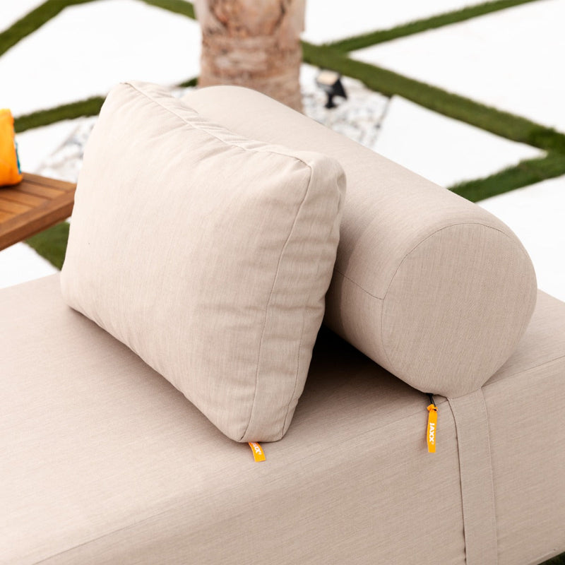 Close up shot of the Alvy Outdoor Daybed Lounger pillows in flax