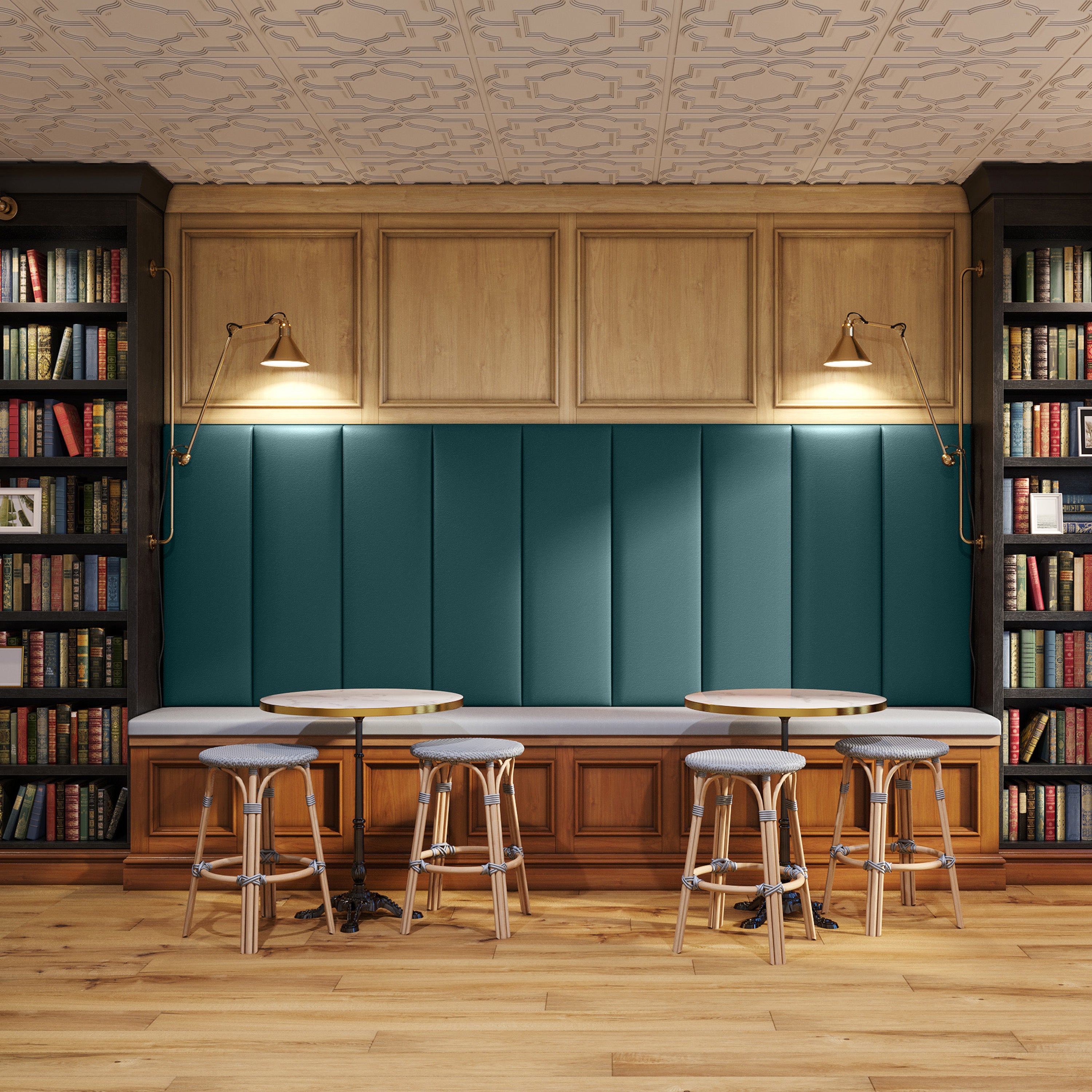 Bar area with wooden cabinets, teal paneling, and bar stools in a cozy setting.
