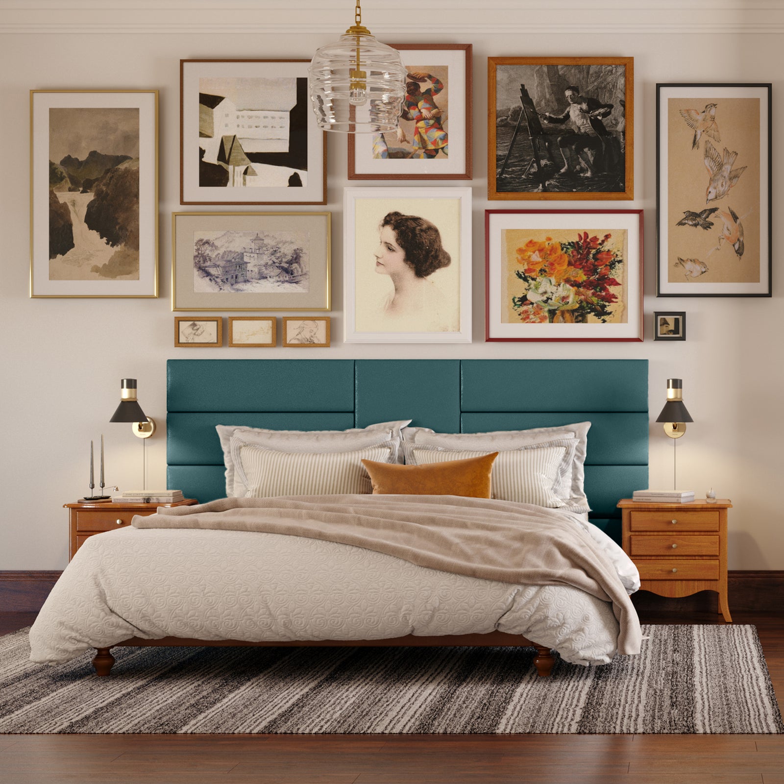 Decorative bedroom with a teal headboard, framed art on the wall, and wooden nightstands.