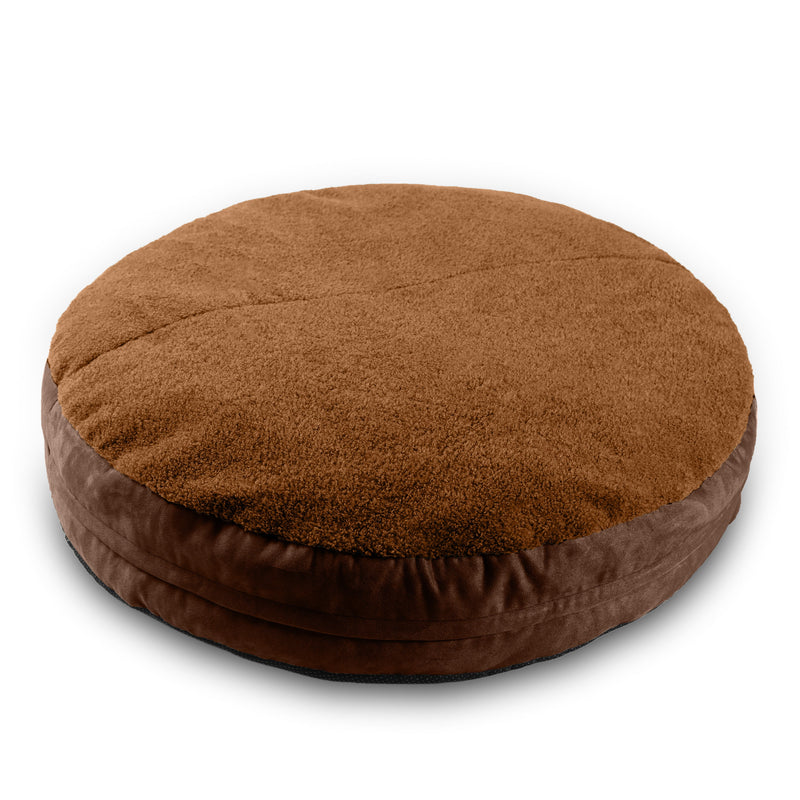 Brown round pet bed on a white background