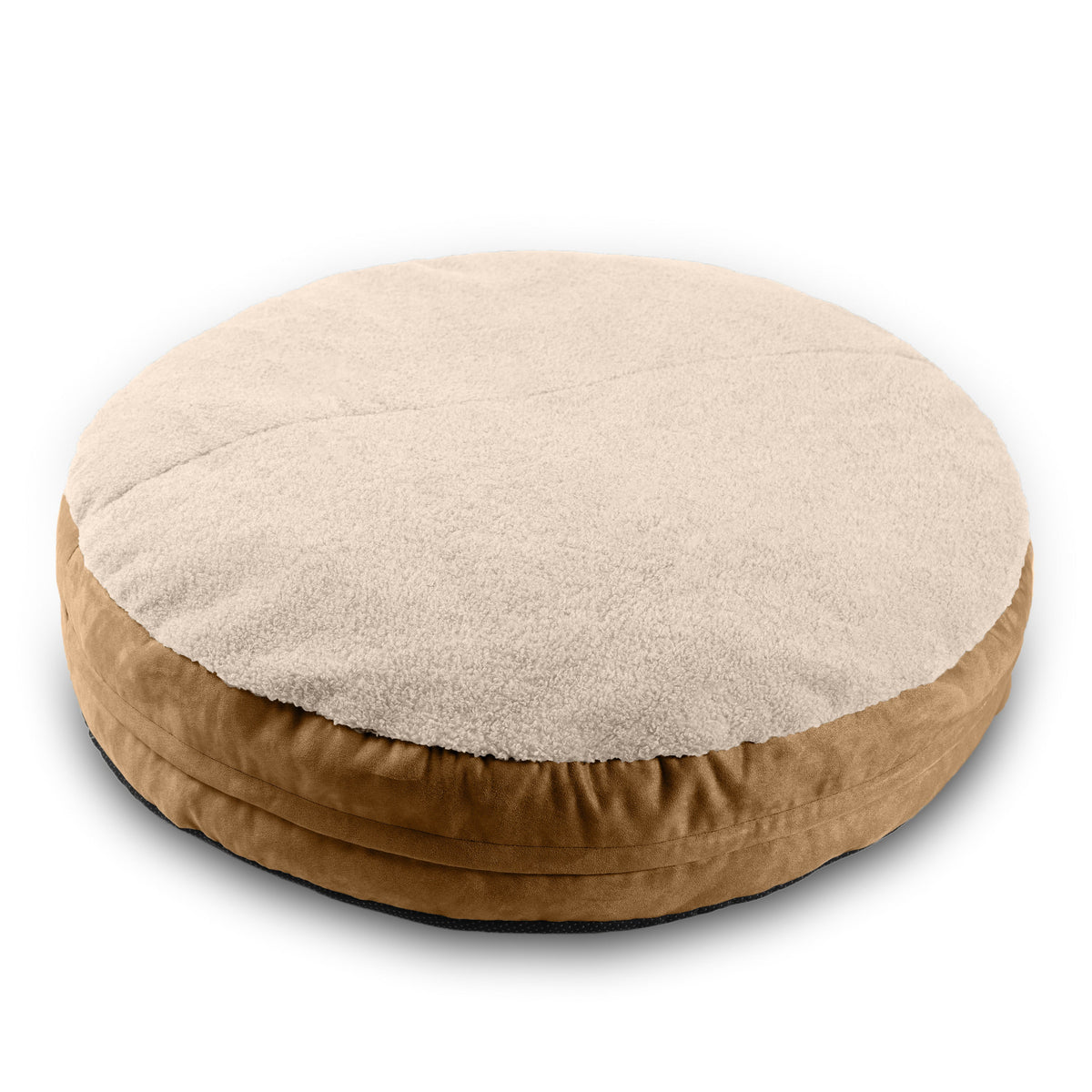 Round pet bed with beige cushion on a white background