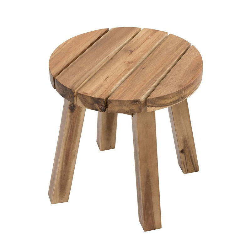 Round acacia wood side table in light brown, angled top view