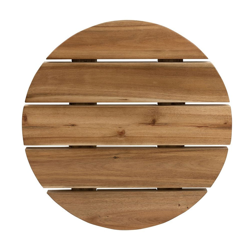 Slatted round acacia tabletop, top view