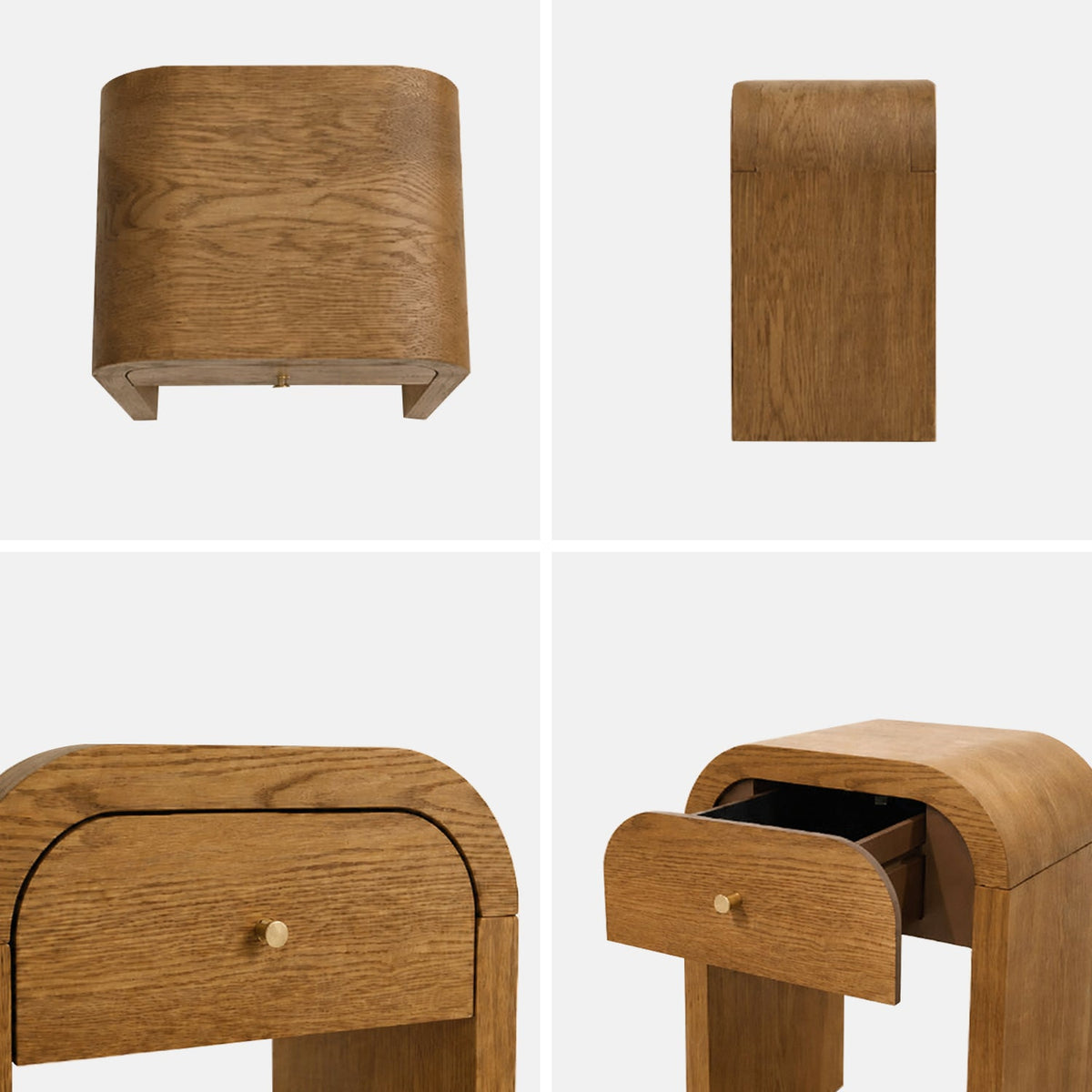 Curved Side Table with Drawer, details of the top, side and open drawer