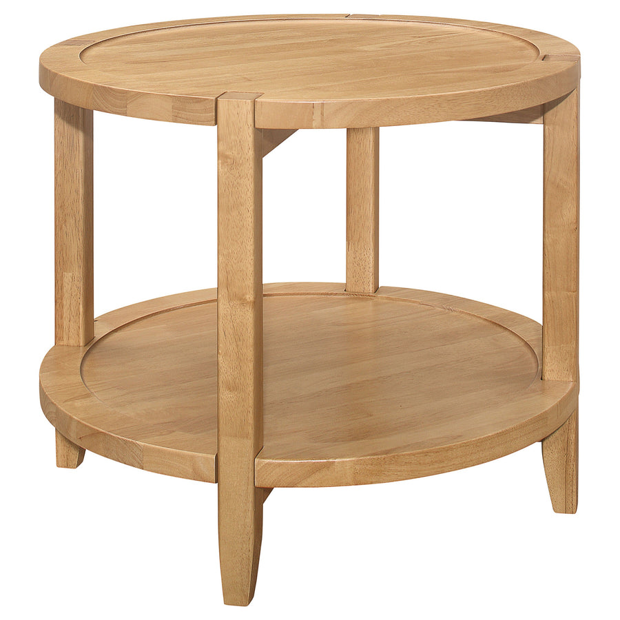 Camillo round wood end table in maple finish, angled view