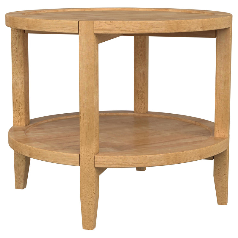 Camillo round wood end table in maple finish, front view