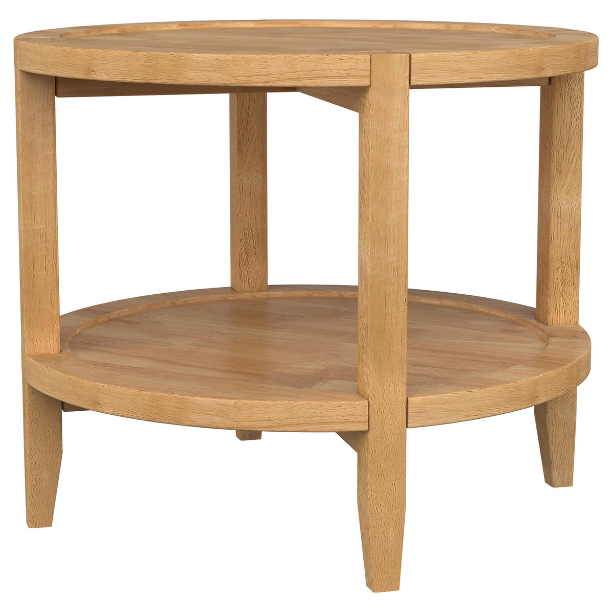 Camillo round wood end table in maple finish, side view