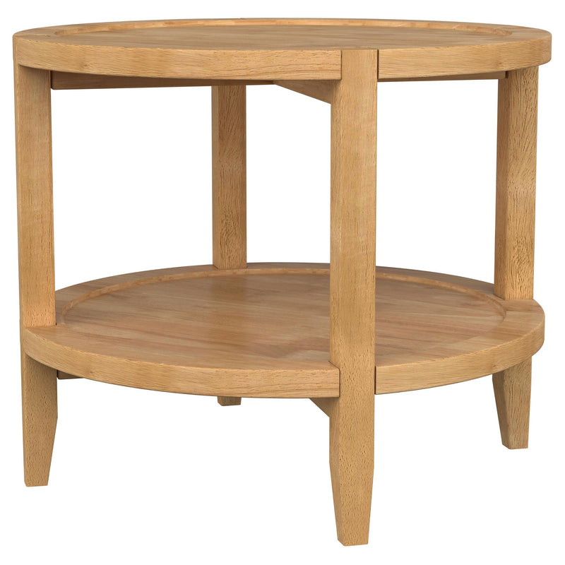 Camillo round wood end table in maple finish, side view