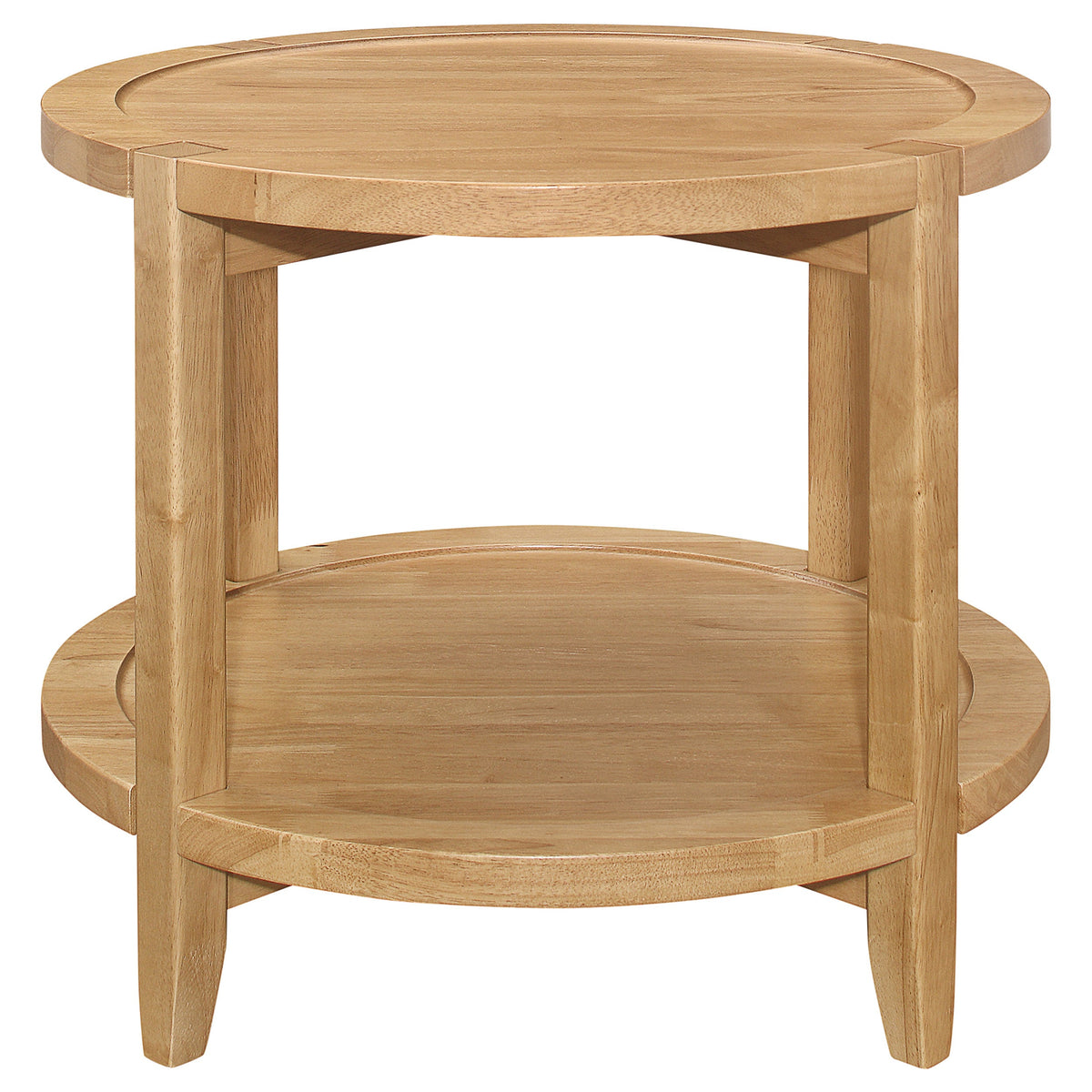Camillo round wood end table in maple finish, high angle view