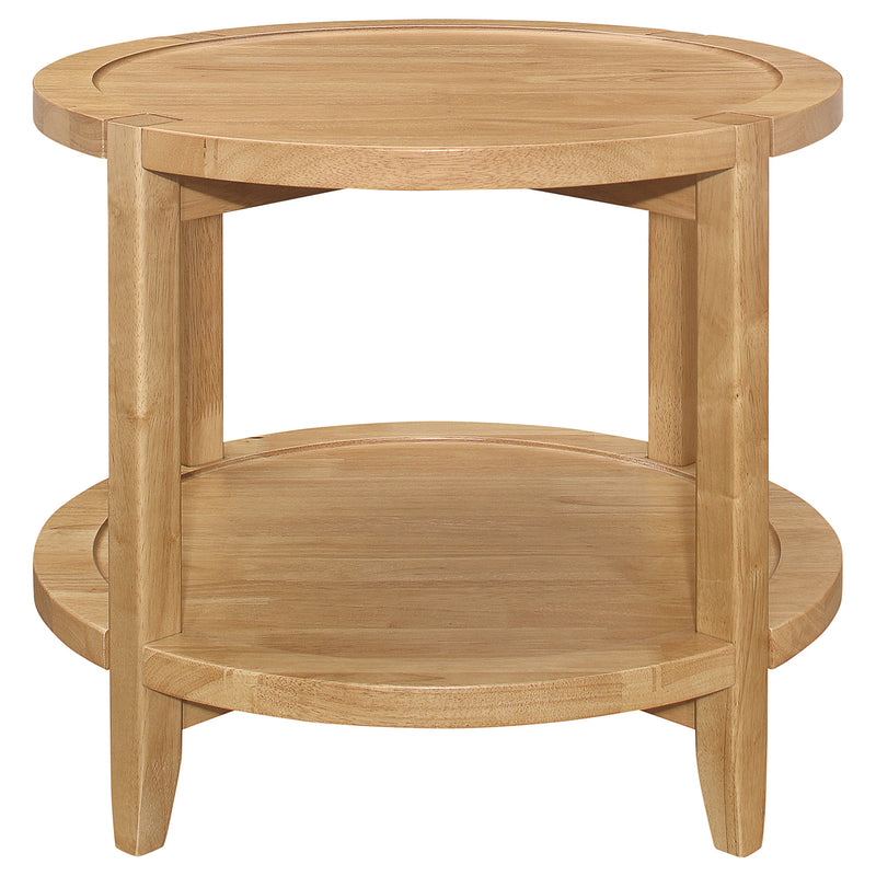 Camillo round wood end table in maple finish, high angle view