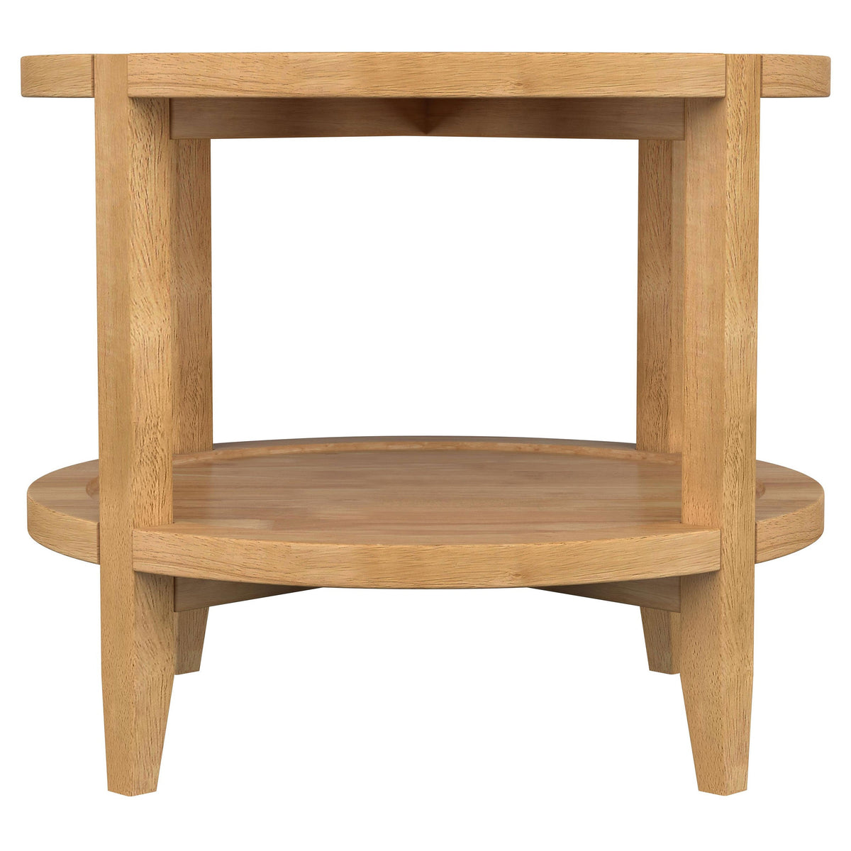 Camillo round wood end table in maple finish, straight-on view