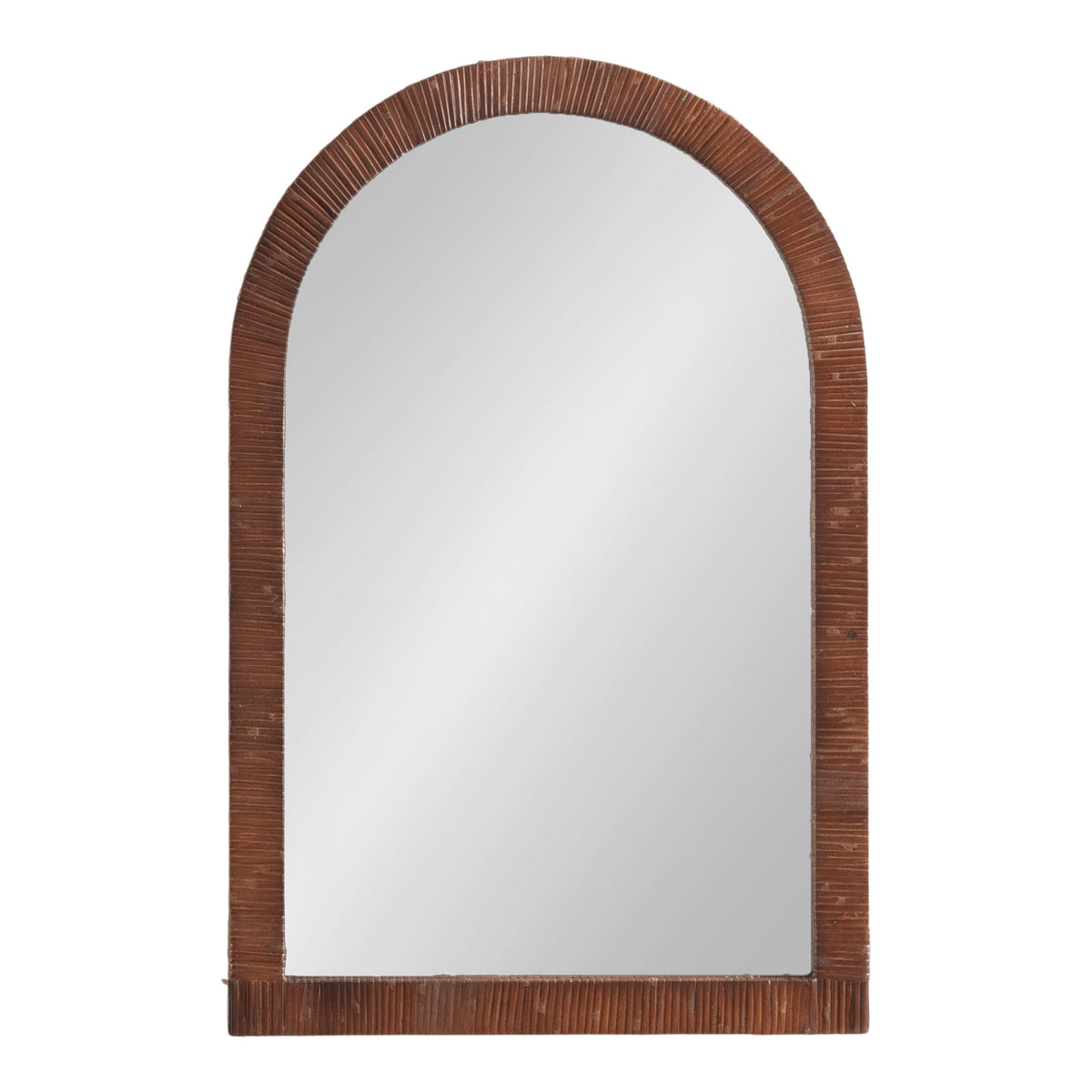 Brown rattan arch mirror, angled view