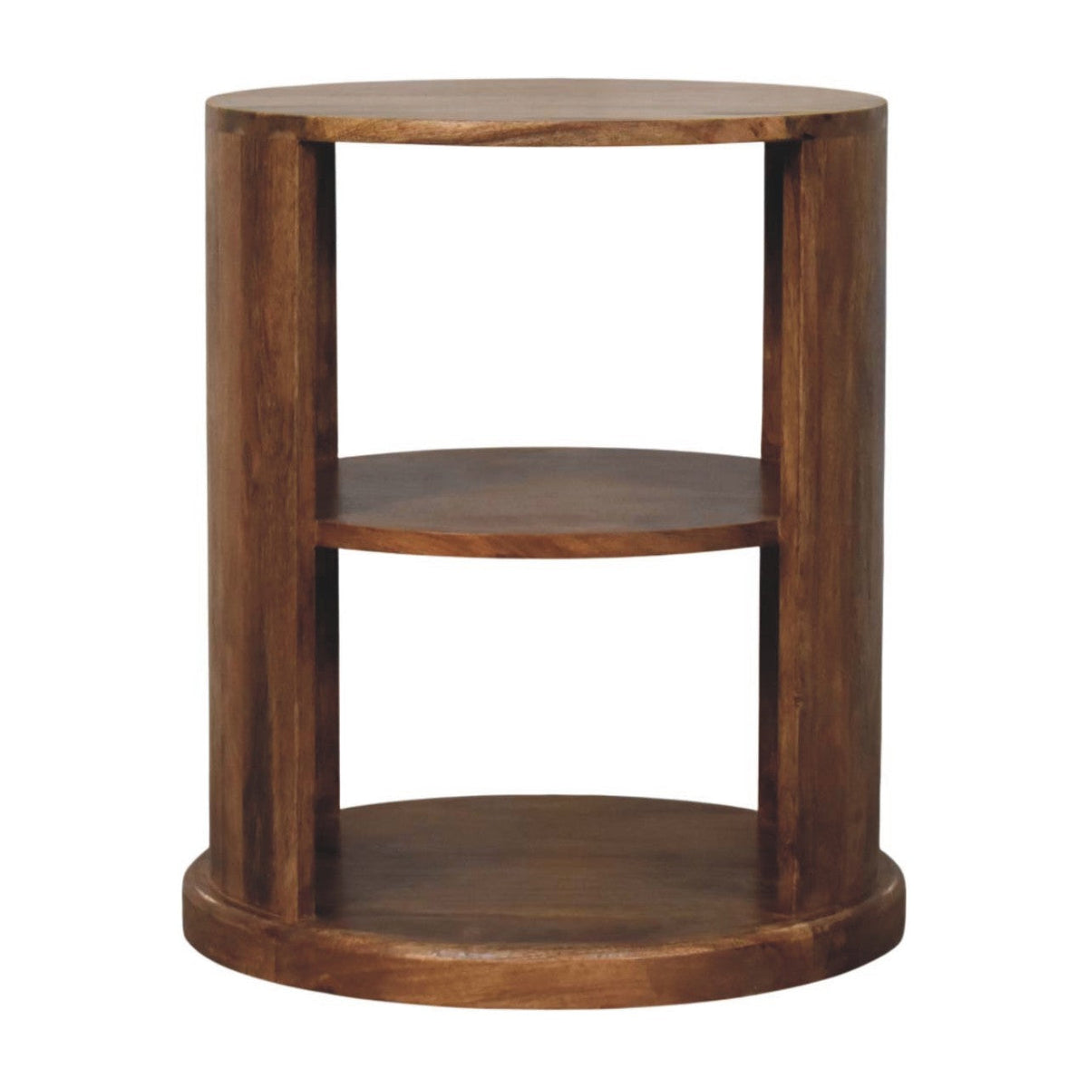 Ventura round side table in golden teak mango wood, front view