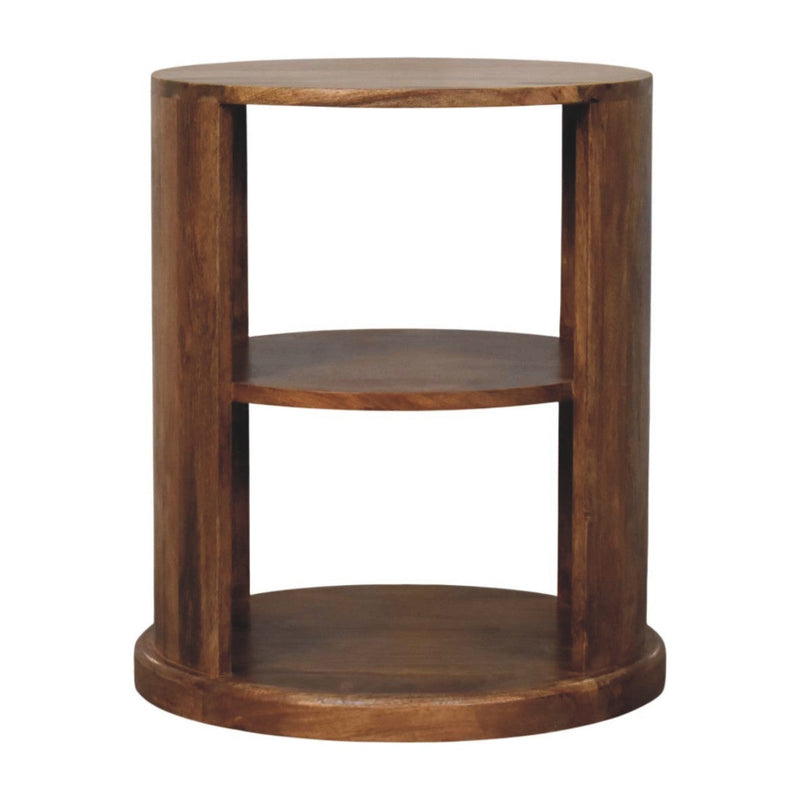 Ventura round side table in golden teak mango wood, front view