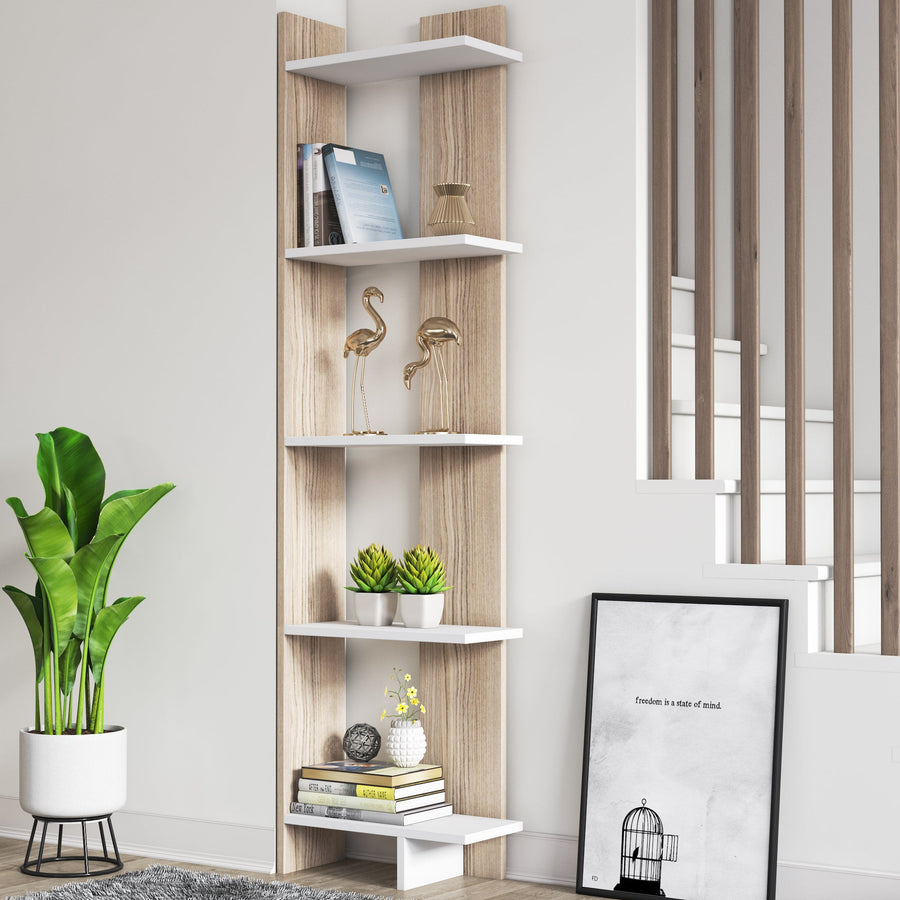 Alice corner bookcase in natural and white with plants and books