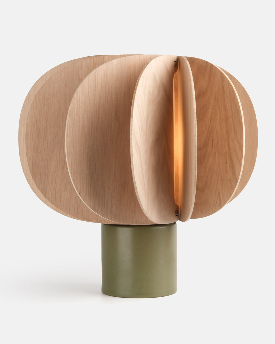 Fin Table Lamp in Moss with an oak base