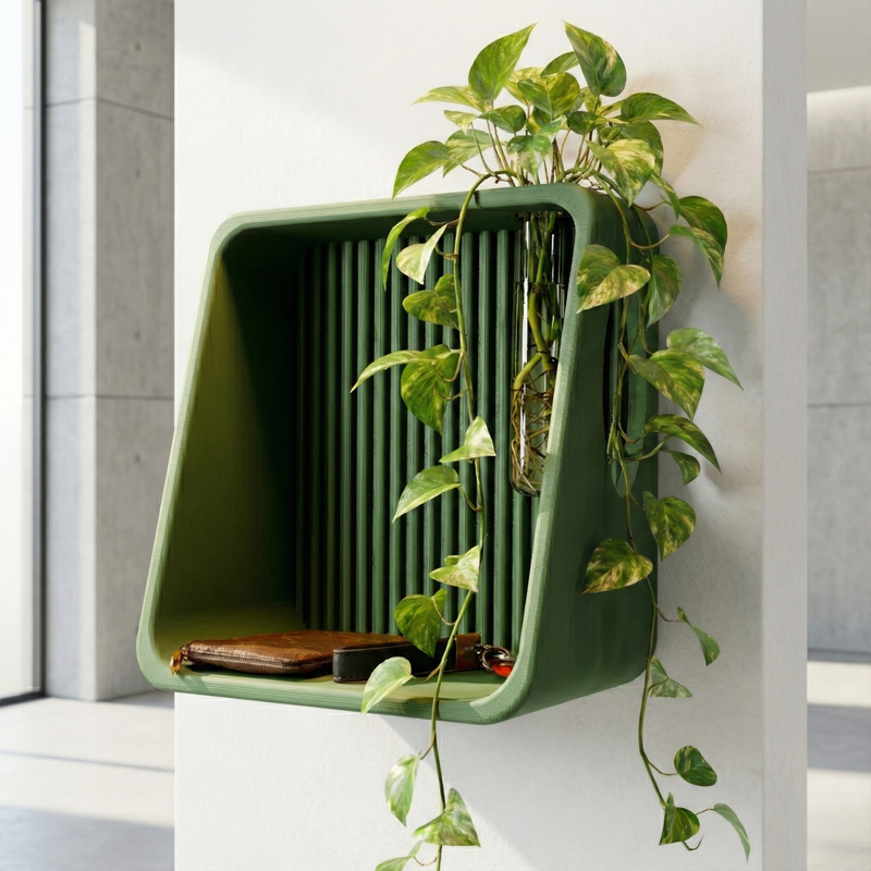 Ribbed Wall Shelf in green with a trailing plant