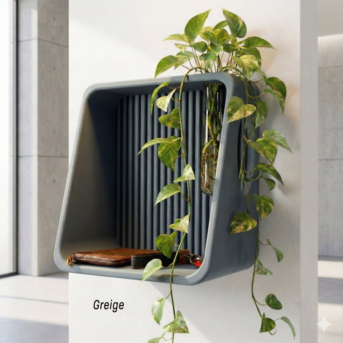 Ribbed Wall Shelf in greige with a trailing plant
