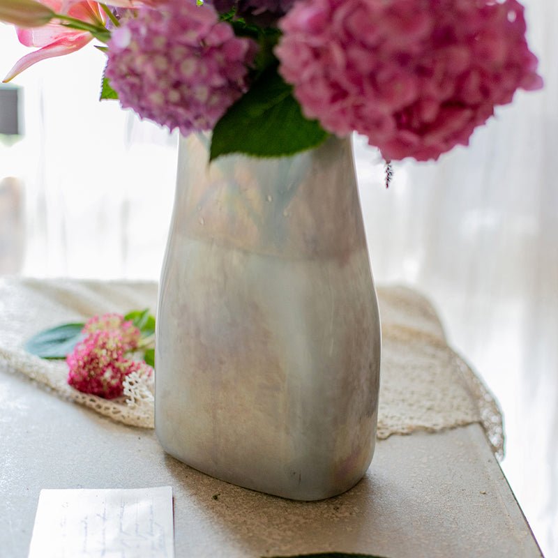 Gradient Art Vase with pink hydrangeas, close up