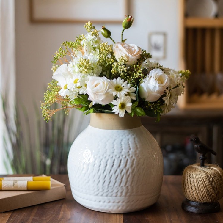 White Glazed Ceramic Vase with white flowers
