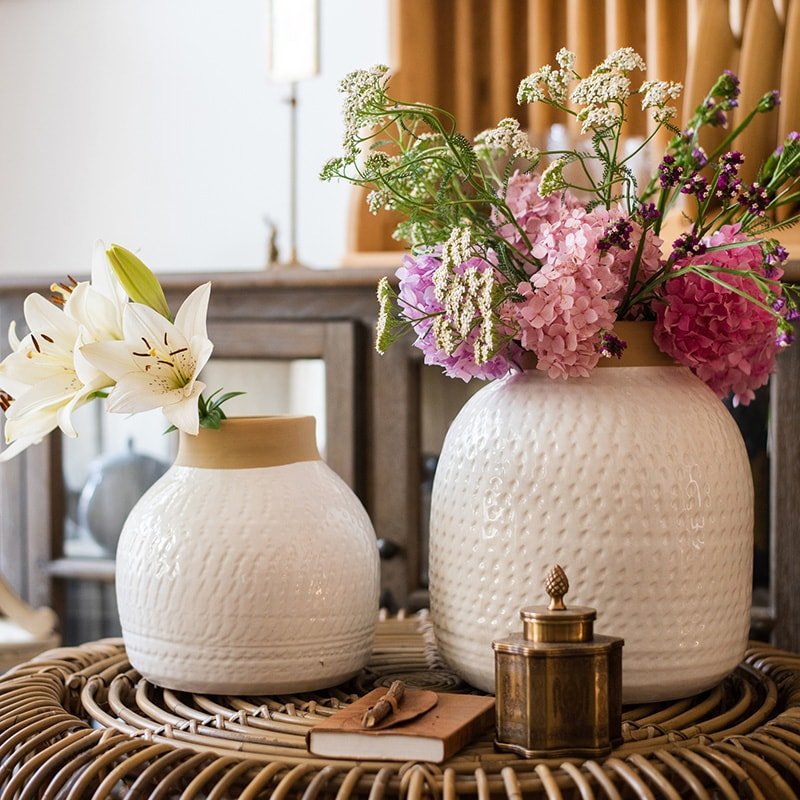 White Glazed Ceramic Vases with mixed flowers