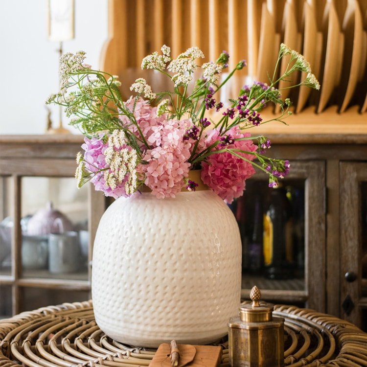 White Glazed Ceramic Vase with pink flowers
