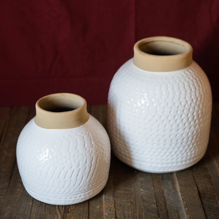 White Glazed Ceramic Vase in small and large, close up
