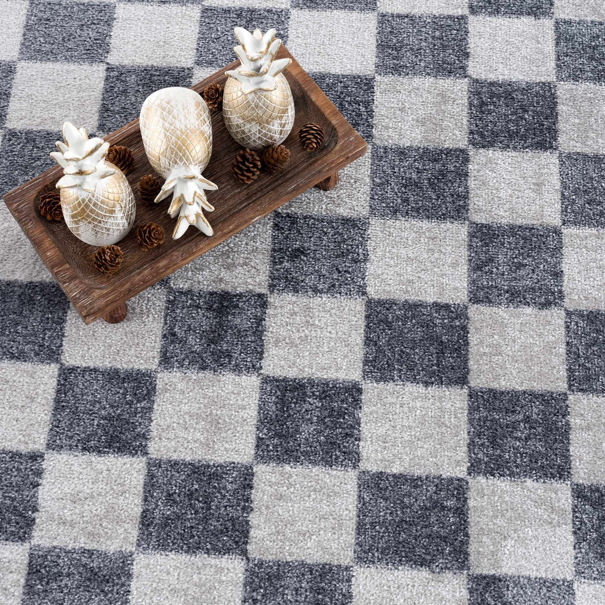 Alie checkered rug with toys, top view