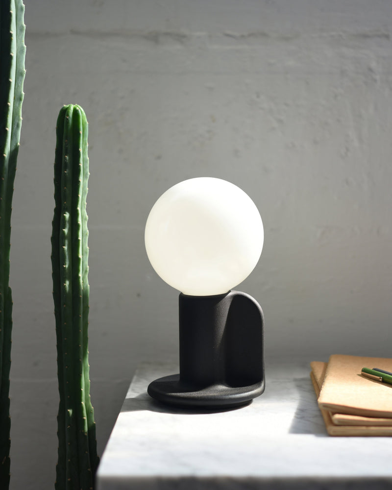 Q Lamp in black on a desk beside a cactus