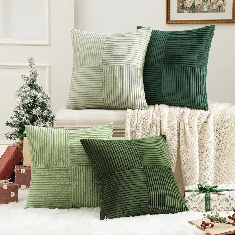 Sage and forest green corduroy pillow covers in a living room