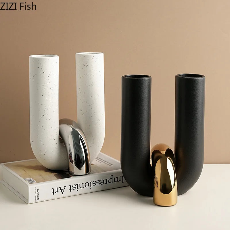 U-Shaped Ceramic Vase in white and black on a shelf