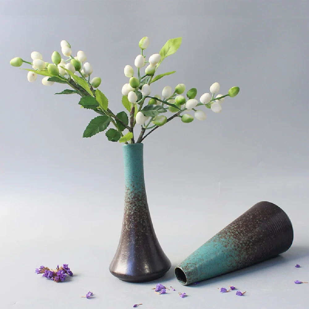 Wabi-Sabi Ceramic Bud Vase, teal glaze vases with white blooms
