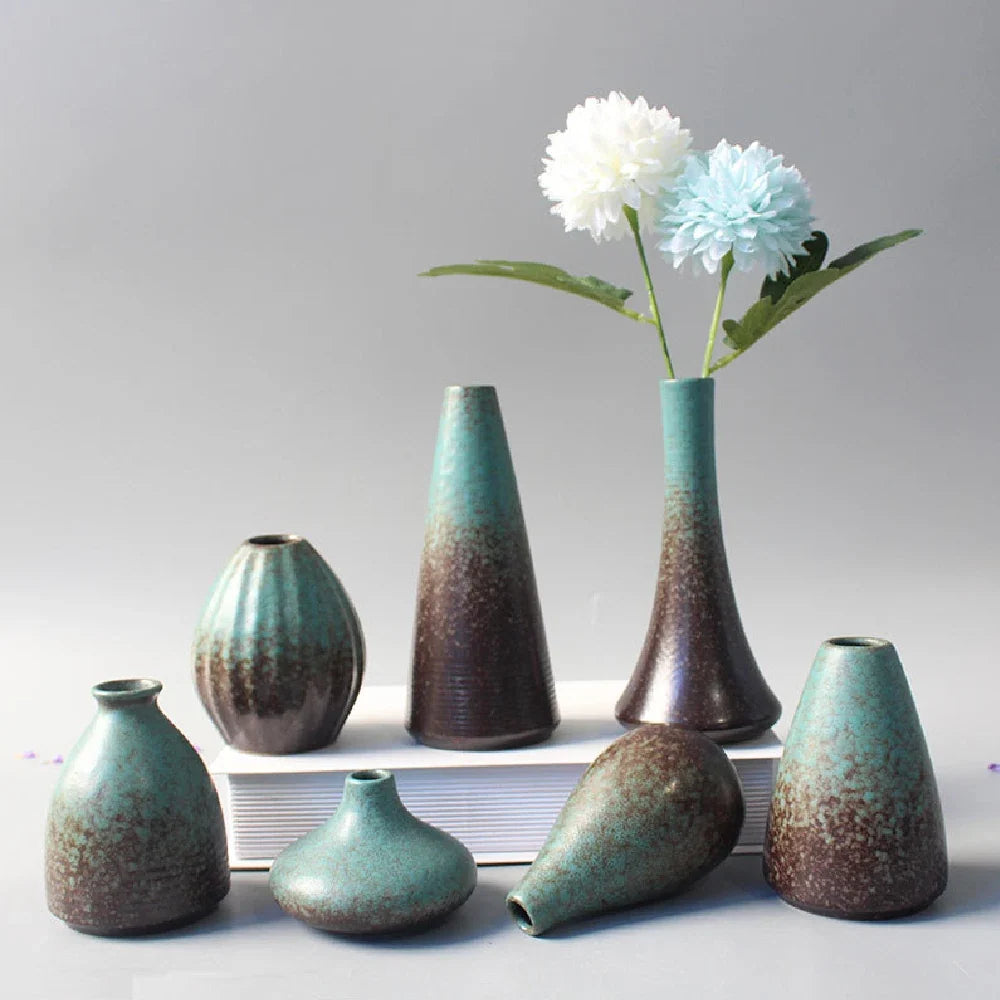 Wabi-Sabi Ceramic Bud Vase, set of teal glaze vases with flowers