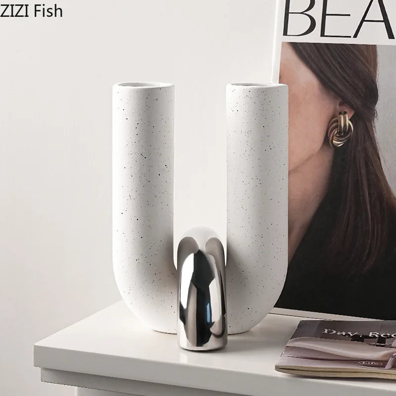 U-Shaped Ceramic Vase in white with a silver accent