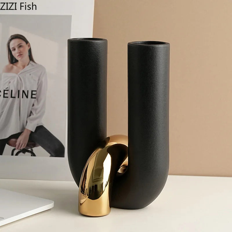 U-Shaped Ceramic Vase in black with a gold accent
