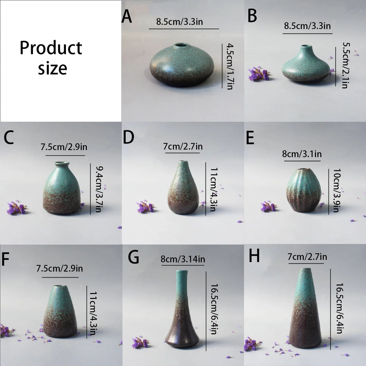 Wabi-Sabi Ceramic Bud Vase, size chart for shapes A to H