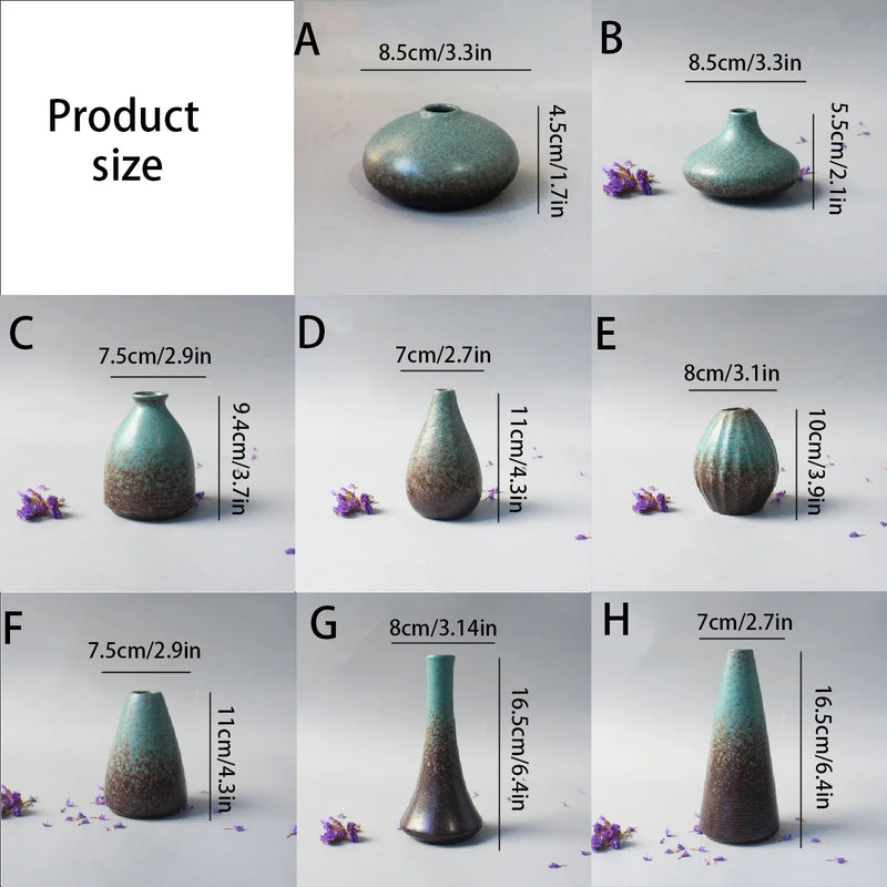 Wabi-Sabi Ceramic Bud Vase, size chart for shapes A to H