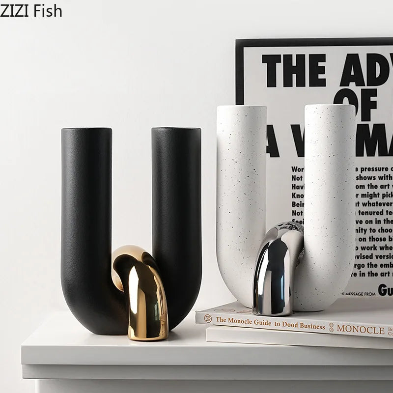 U-Shaped Ceramic Vase in black and white side by side