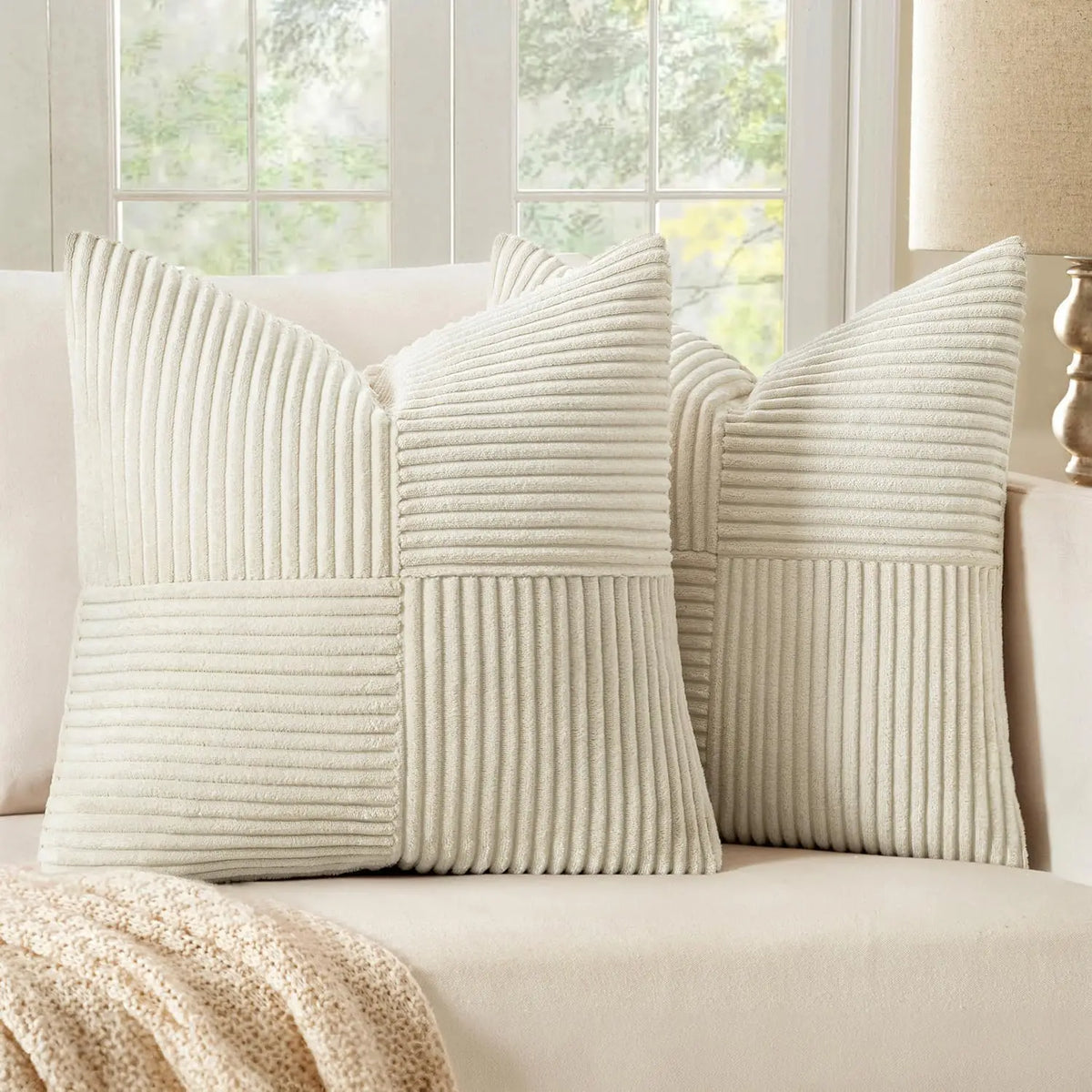 Beige corduroy pillow covers on a sofa