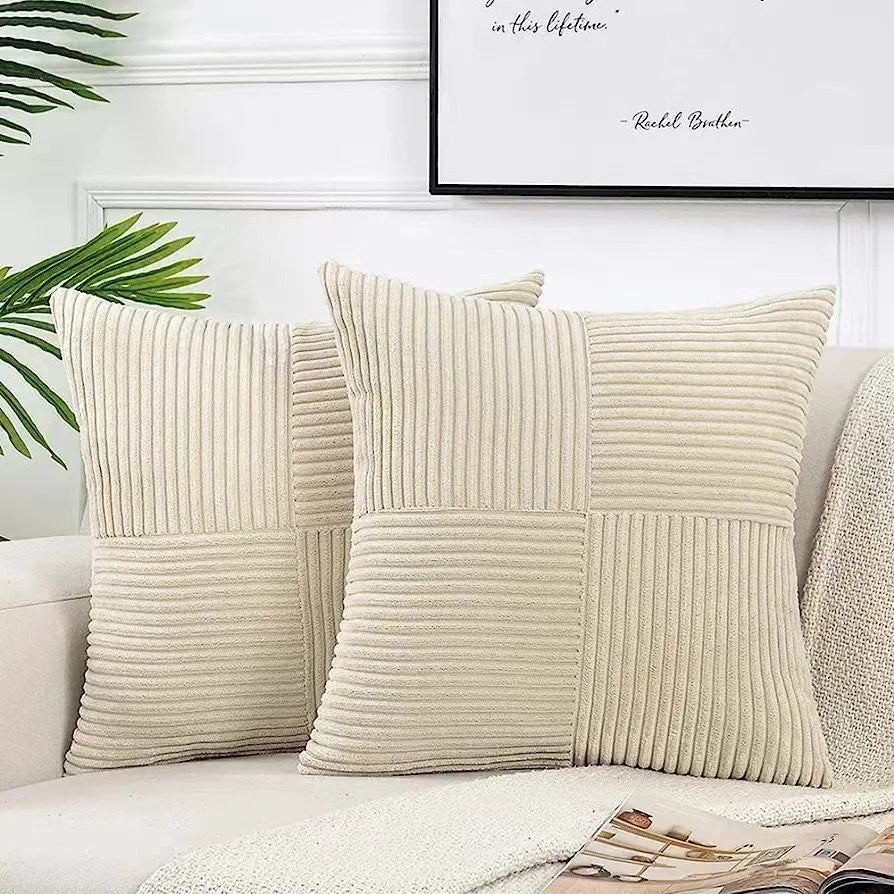 Beige Yellow corduroy pillow covers on a sofa