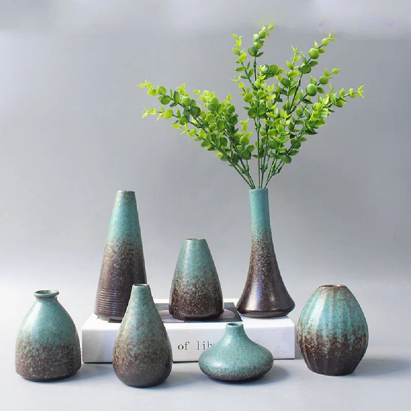 Wabi-Sabi Ceramic Bud Vase, set of teal glaze vases with greenery