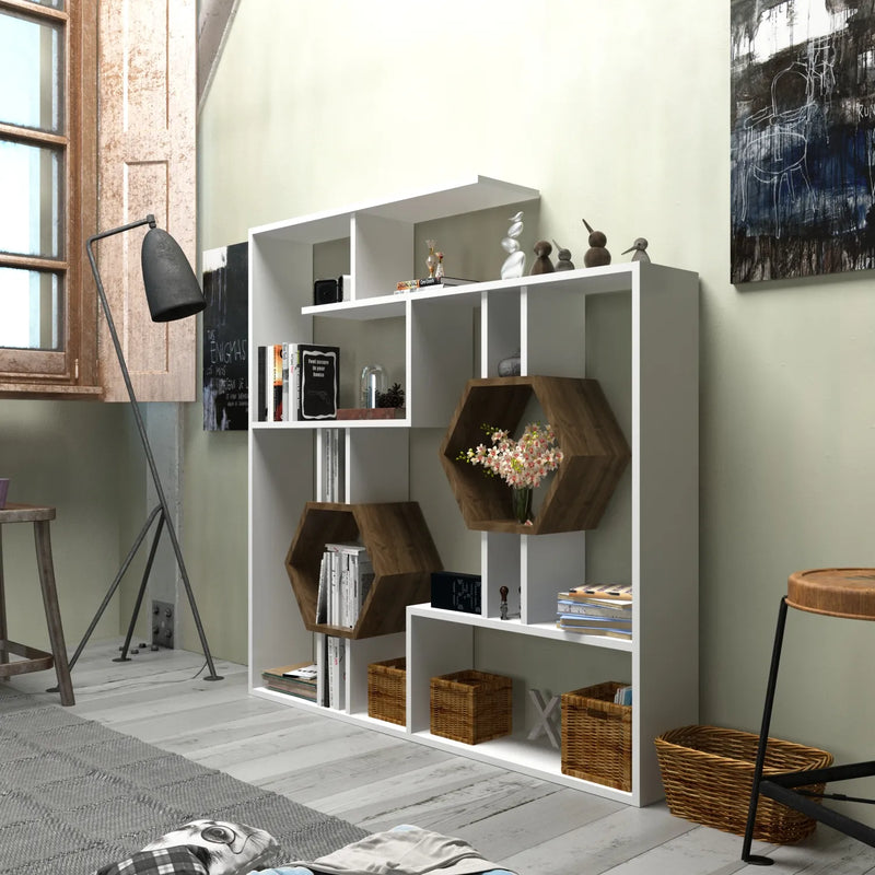 Tamara geometric bookcase in white and walnut with honeycomb shelves