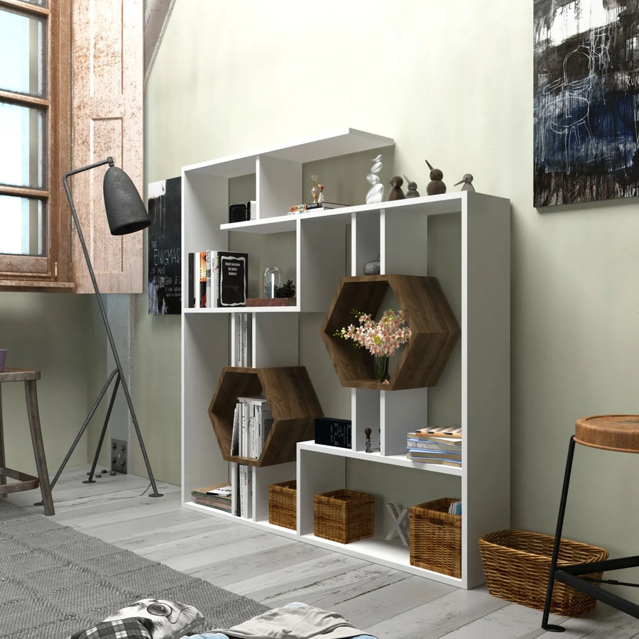 Tamara geometric bookcase in white and walnut with honeycomb shelves
