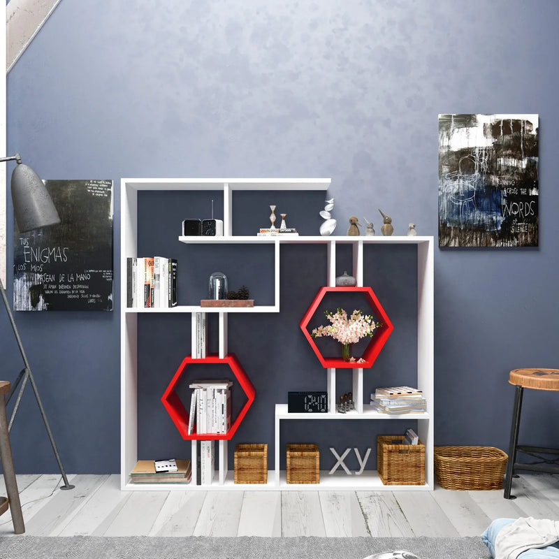 Gray and white Tamara bookcase against a navy wall