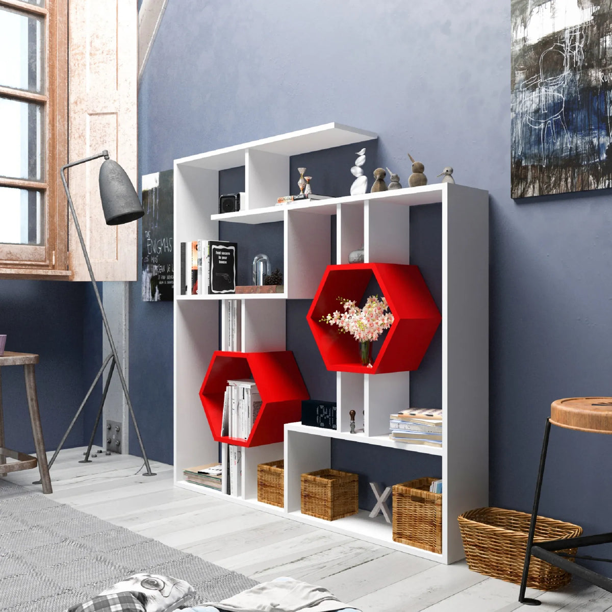 Tamara geometric bookcase with red honeycomb shelves