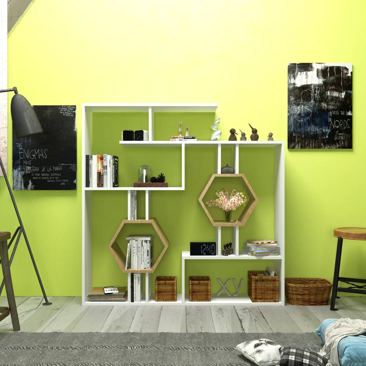White Tamara bookcase against a lime green wall