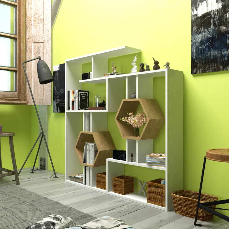 Tamara geometric bookcase styled against a green wall