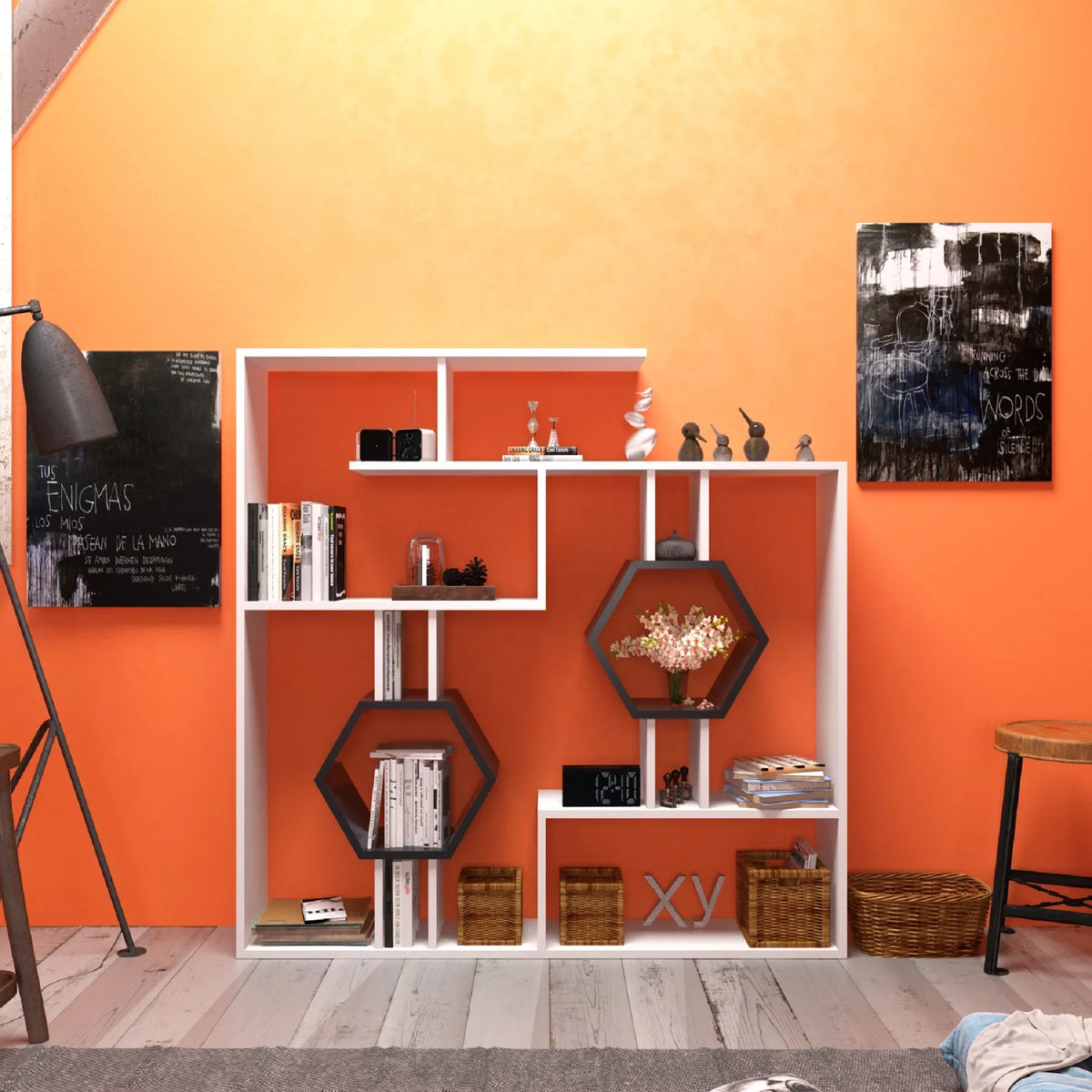 White Tamara bookcase against an orange wall