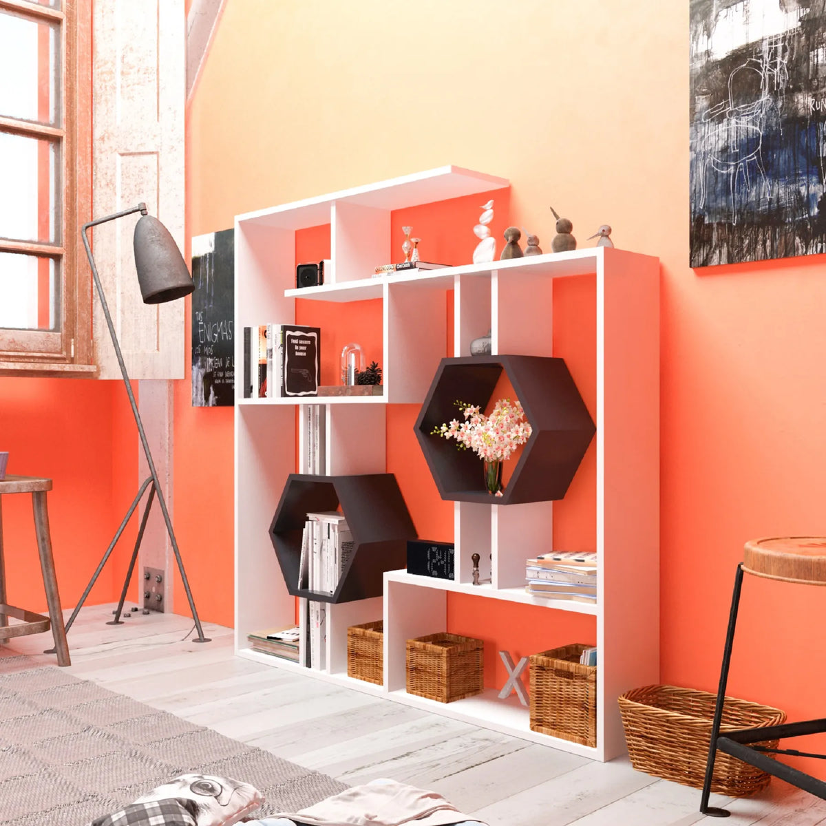 Tamara geometric bookcase styled against an orange wall